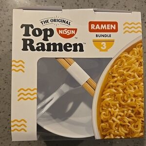Nissin: White Top Ramen 3 Piece  Dinnerware Set, Bowl, Spoon, & Chop Stixs.